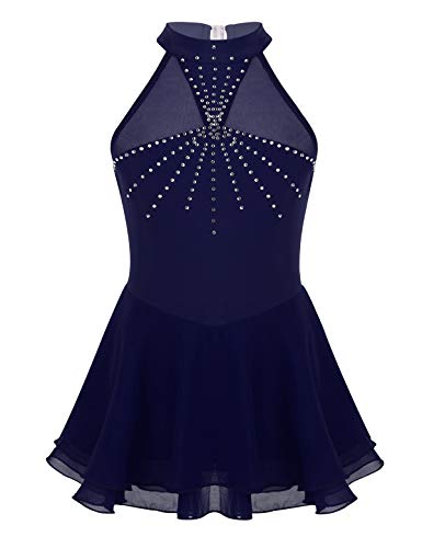 Alvivi Eiskunstlauf Kleid Mädchen Ballettkleid mit Strass Rollschuhkleid Wettbewerb Gymnastik Tanzkleid Gymnastik Turnanzug B Marine Blau 134-140 von Alvivi