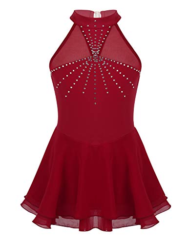 Alvivi Eiskunstlauf Kleid Mädchen Ballettkleid mit Strass Rollschuhkleid Wettbewerb Gymnastik Tanzkleid Gymnastik Turnanzug B Weinrot 146-152 von Alvivi