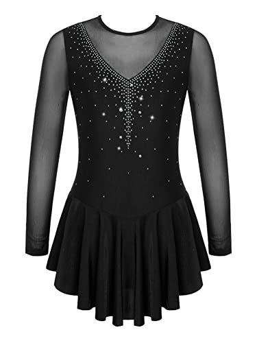 Alvivi Eiskunstlauf Kleid Mädchen Rollschuhkleid Langarm Ballettkleid mit Strass Ballettanzug Wettbewerb Tanzkleid Gymnastik Turnanzug B Schwarz 134-140 von Alvivi