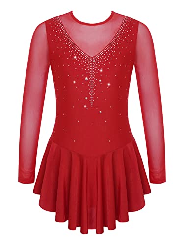 Alvivi Eiskunstlauf Kleid Mädchen Rollschuhkleid Langarm Ballettkleid mit Strass Ballettanzug Wettbewerb Tanzkleid Gymnastik Turnanzug B Weinrot 134-140 von Alvivi