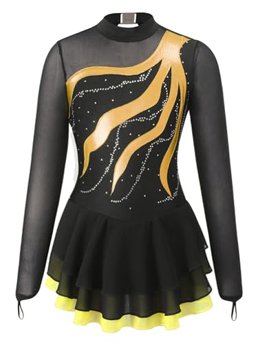 Alvivi Eiskunstlauf Kleid für Kinder Mädchen Ballettkleid Ballettanzug Gymnastikanzug Latein Tanzkleid Eislaufen Wettbewerb Tanzkleidung Gelb 146-152 von Alvivi