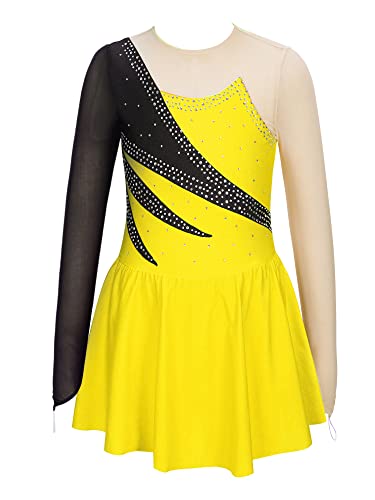 Alvivi Eiskunstlauf Kleid für Kinder Mädchen Ballettkleid Ballettanzug Gymnastikanzug Latein Tanzkleid Eislaufen Wettbewerb Tanzkleidung Ce Gelb 158-164 von Alvivi