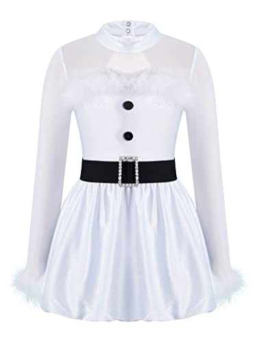 Alvivi Eiskunstlauf Kleid für Kinder Mädchen Ballettkleid Weihnachtskleid Langarm Ballettanzug Ballerina Latein Tanzkleid Weihnachten Partykleid A Weiß 110-116 von Alvivi