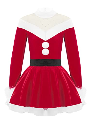 Alvivi Eiskunstlauf Kleid für Kinder Mädchen Ballettkleid Weihnachtskleid Langarm Ballettanzug Ballerina Latein Tanzkleid Weihnachten Partykleid Da Rot 170-176 von Alvivi