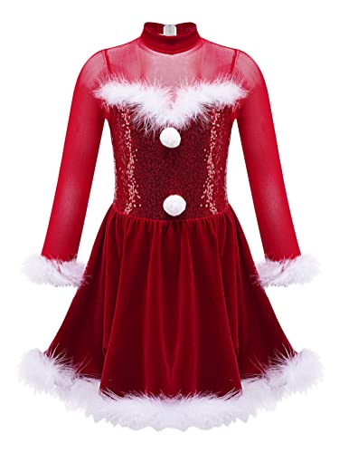Alvivi Eiskunstlauf Kleid für Kinder Mädchen Ballettkleid Weihnachtskleid Langarm Ballettanzug Ballerina Latein Tanzkleid Weihnachten Partykleid C Rot 122-128 von Alvivi