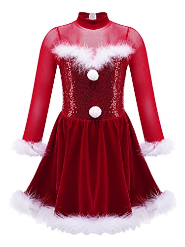 Alvivi Eiskunstlauf Kleid für Kinder Mädchen Ballettkleid Weihnachtskleid Langarm Ballettanzug Ballerina Latein Tanzkleid Weihnachten Partykleid C Rot 170-176 von Alvivi