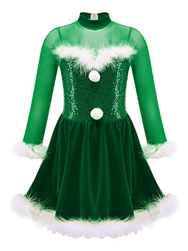 Alvivi Eiskunstlauf Kleid für Kinder Mädchen Ballettkleid Weihnachtskleid Langarm Ballettanzug Ballerina Latein Tanzkleid Weihnachten Partykleid Ca Grün 134-140 von Alvivi