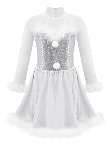 Alvivi Eiskunstlauf Kleid für Kinder Mädchen Ballettkleid Weihnachtskleid Langarm Ballettanzug Ballerina Latein Tanzkleid Weihnachten Partykleid Ca Weiß 122-128 von Alvivi