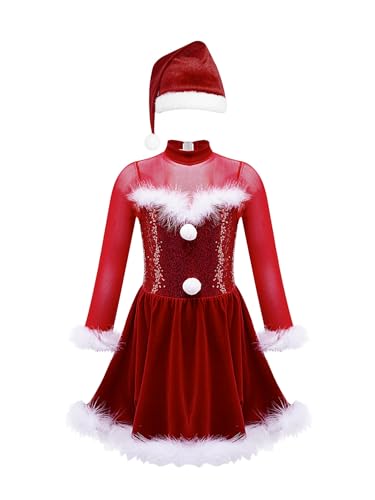 Alvivi Eiskunstlauf Kleid für Kinder Mädchen Ballettkleid Weihnachtskleid Langarm Ballettanzug Ballerina Latein Tanzkleid Weihnachten Partykleid Cc Rot 122-128 von Alvivi