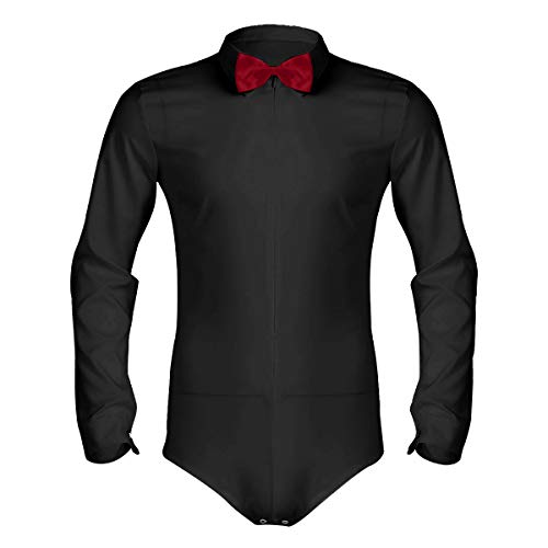 Alvivi Herren Body Langarm Shirt Oberhemden Hemd Weiß Slim Fit Bodysuit Overall Männerbody Unterwäsche Smoking Anzug Oberteile mit Fliege Schwarz XXL von Alvivi