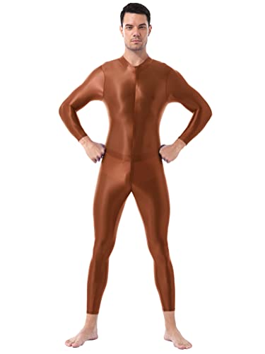 Alvivi Herren Body Overall Glossy Langarm Bodysuit Einteiler Jumpsuit Ganzkörperanzug Männerbody Sport Training Ganzanzug B Kaffee Einheitsgröße von Alvivi