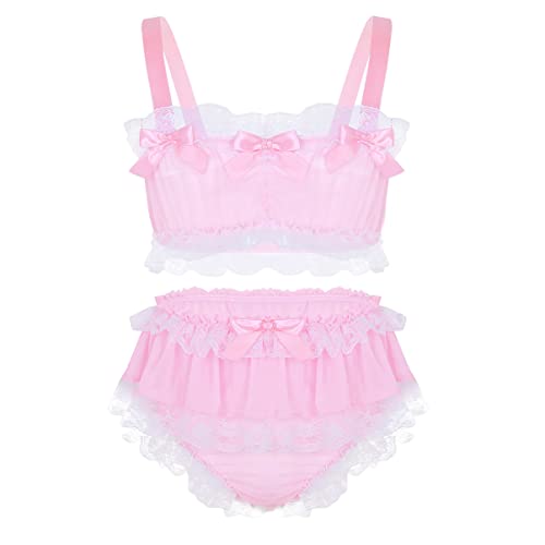 Alvivi Herren Dessous Set Transparent Slips Sissy Panties mit BH Tops Bustier Büstenhalter Crossdresser Kleidung Lingerie Reizwäsche Aa Rosa 3XL von Alvivi