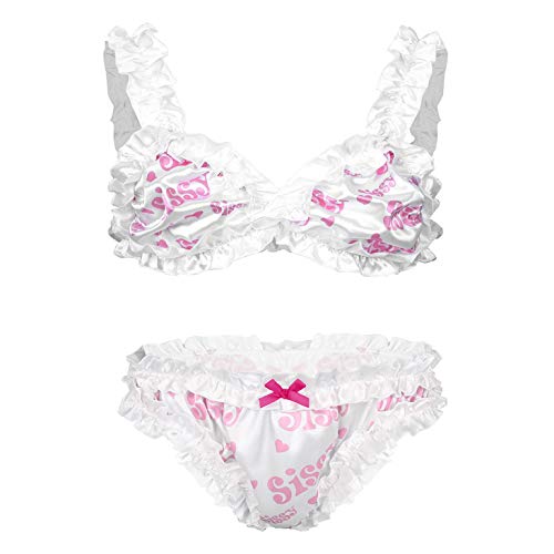 Alvivi Herren Dessous Set Transparent Slips Sissy Panties mit BH Tops Bustier Büstenhalter Crossdresser Kleidung Lingerie Reizwäsche X Weiß Satin X XXL von Alvivi