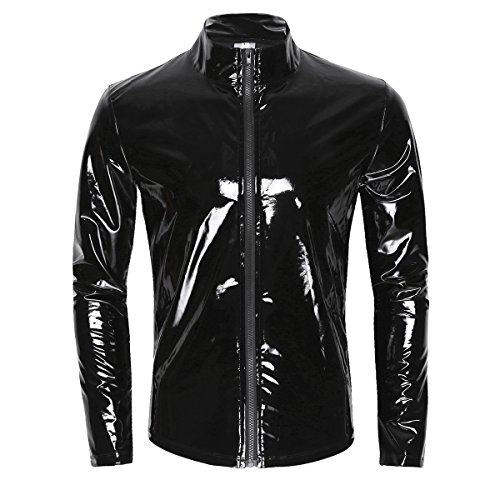 Alvivi Herren Lack-Optik Jacke Kurze Mantel Wetlook Oberteile Männer Kunstleder Hemd T-Shirt Slim Fit Latex Glänzend Tops Party Outwear Schwarz Langarm M von Alvivi