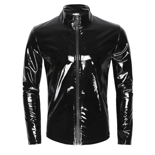 Alvivi Herren Lack-Optik Jacke Kurze Mantel Wetlook Oberteile Männer Kunstleder Hemd T-Shirt Slim Fit Latex Glänzend Tops Party Outwear Schwarz Langarm XXL von Alvivi