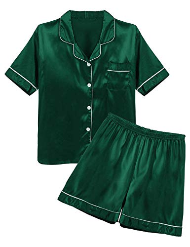 Alvivi Herren Schlafanzug Satin Pyjamas Set Kurzarm Shirt Tops mit Satin Shorts Sommer Reizwäsche Nachtwäsche Grün XXXL von Alvivi