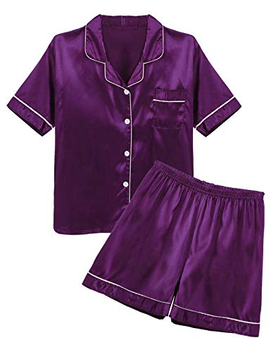 Alvivi Herren Schlafanzug Satin Pyjamas Set Kurzarm Shirt Tops mit Satin Shorts Sommer Reizwäsche Nachtwäsche Lila XXXL von Alvivi