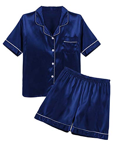 Alvivi Herren Schlafanzug Satin Pyjamas Set Kurzarm Shirt Tops mit Satin Shorts Sommer Reizwäsche Nachtwäsche Marine Blau XXL von Alvivi