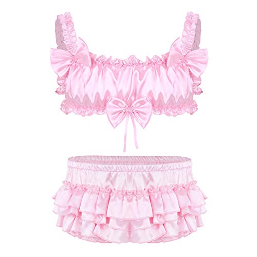 Alvivi Herren Sissy Dessous Set Satin BH Crop Tops mit Sissy Panties Höschen Slips Erotik Reizwäsche Unterwäsche Rosa M von Alvivi