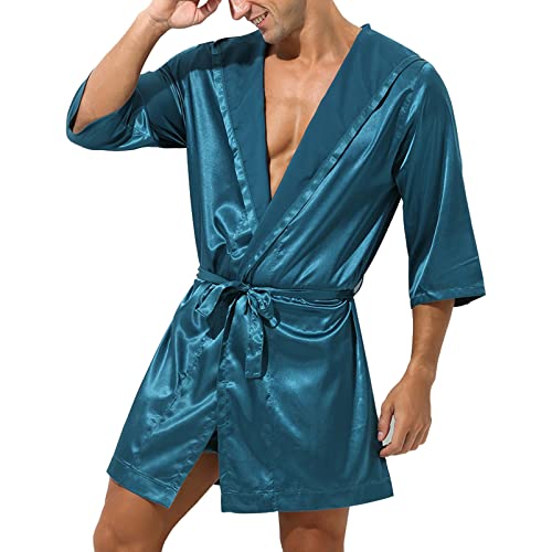 Alvivi Herren Spitze Kleid Transparent Bademantel Sissy Dessous Set Satin Morgenmantel Kimono mit G-String Gürtel Erotische Nachtwäsche B Blaugrün Ohne Shorts M von Alvivi