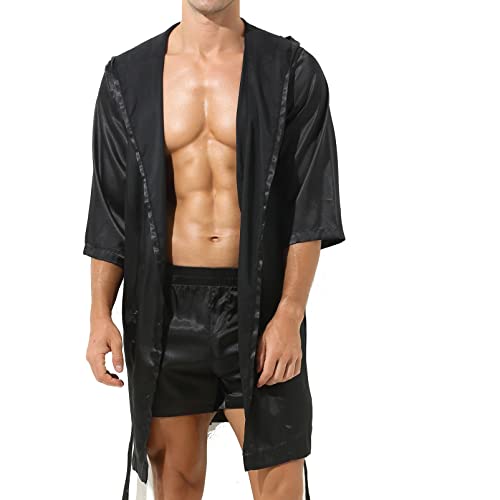 Alvivi Herren Spitze Kleid Transparent Bademantel Sissy Dessous Set Satin Morgenmantel Kimono mit G-String Gürtel Erotische Nachtwäsche B Schwarz Ohne Shorts L von Alvivi