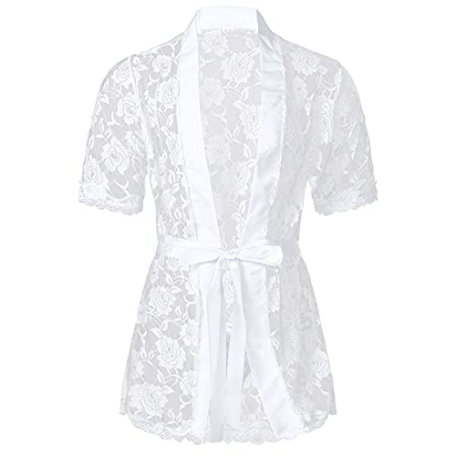 Alvivi Herren Spitze Kleid Transparent Bademantel Sissy Dessous Set Satin Morgenmantel Kimono mit G-String Gürtel Erotische Nachtwäsche S Weiß S XXL von Alvivi