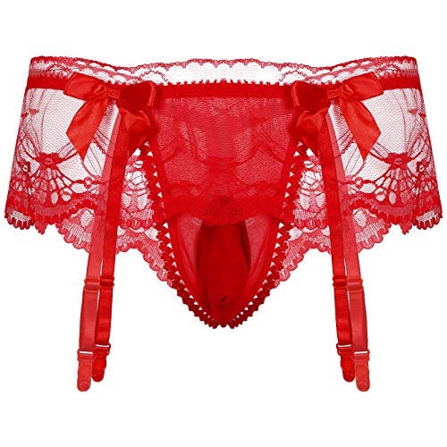 Alvivi Herren Spitze Slips String Tanga mit Strumpfhalter Penishülle Sissy Unterwäsche Männer Bikini Briefs Dessous Jackstraps A Rot Einheitsgröße von Alvivi