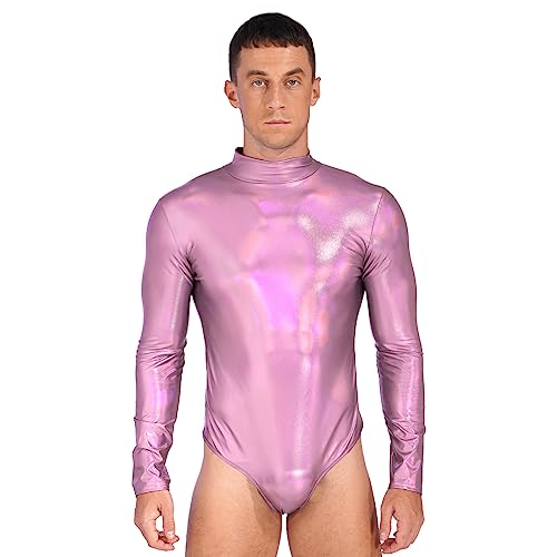 Alvivi Herren Wetlook Body Einteiler Bodysuit Metallic Overall mit Reißverschluss Stringbody Langarmshirt Unterhemd Leotard Tops Rosa L von Alvivi