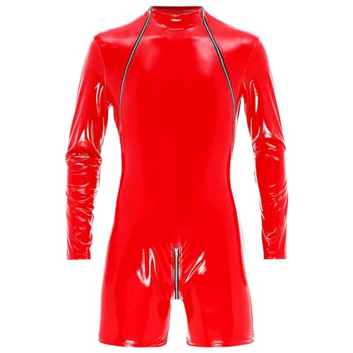 Alvivi Herren Wetlook Jumpsuit Ouvert Body Einteiler Langarm Bodysuit Lackleder Overall Metallic Unterhemd Tops GOGO Nachtclub Rot 3XL von Alvivi