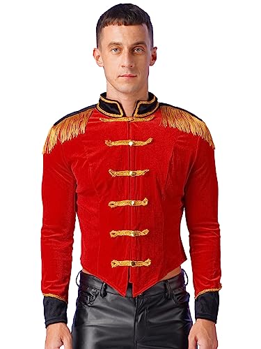 Alvivi Herren Zirkus Kostüm Zirkusdirektor Uniform Langarm Zirkus Jacke mit Quasten Samt Blazer Mantel Karneval Party Show Tanzkostüm A Rot XXL von Alvivi