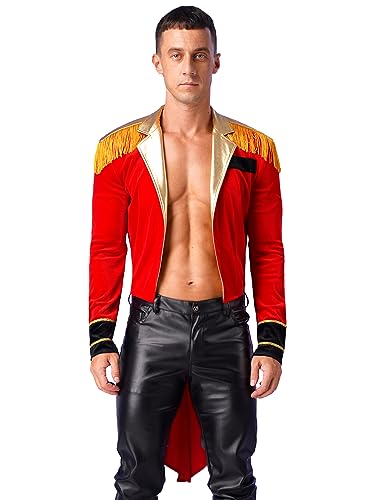 Alvivi Herren Zirkus Kostüm Zirkusdirektor Uniform Ringmaster Langarm Jacke Samt Blazer Mantel Show Tanzkostüm Weihnachten Karneval Party Outfits B Rot 3XL von Alvivi