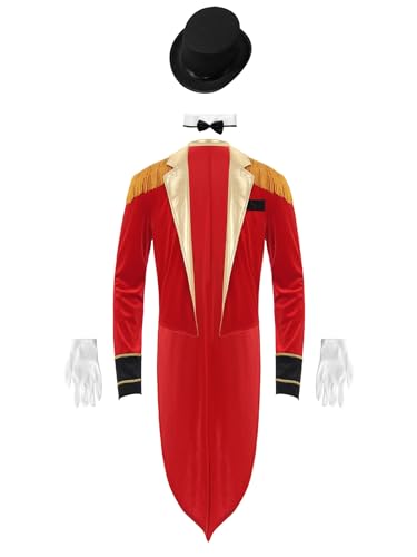 Alvivi Herren Zirkus Kostüm Zirkusdirektor Uniform Ringmaster Langarm Jacke Samt Blazer Mantel Show Tanzkostüm Weihnachten Karneval Party Outfits C Rot A L von Alvivi