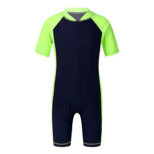 Alvivi Jungen Kurzarm Badeanzug Einteiler UV-Schutz Schwimmanzug Kinder Wettkampf Badebekleidung Sonnenschutz Sonnenanzug A Marine Blau&Grün 134-140 von Alvivi