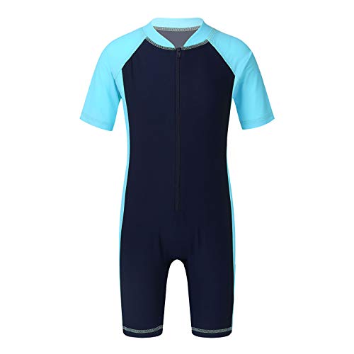 Alvivi Jungen Kurzarm Badeanzug Einteiler UV-Schutz Schwimmanzug Kinder Wettkampf Badebekleidung Sonnenschutz Sonnenanzug A Marine Blau&Himmel Blau 134-140 von Alvivi