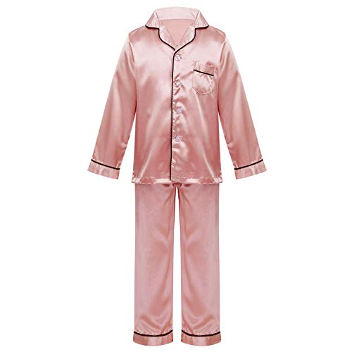 Alvivi Jungen Mädchen Satin Pyjamas Set Zweiteiliger Schlafanzug Button-Down Langarm Shirt Bluse Tops mit Lange Hose Kinder Loungwear Nachtwäsche Hell Lila 134-140 von Alvivi