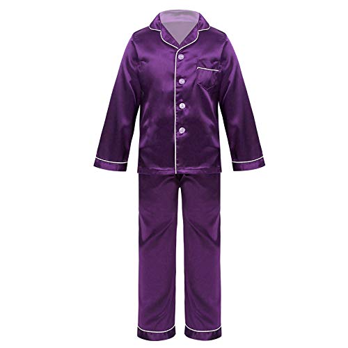 Alvivi Jungen Mädchen Satin Pyjamas Set Zweiteiliger Schlafanzug Button-Down Langarm Shirt Bluse Tops mit Lange Hose Kinder Loungwear Nachtwäsche Lila 122-128 von Alvivi