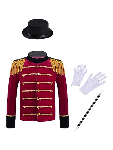Alvivi Jungen Mädchen Zirkus Kostüm Langarm Jacke mit Hut Zubehör Set Zirkusdirektor Uniform Cosplay Halloween Karneval Fasching Verkleidung Rot 170-176 von Alvivi