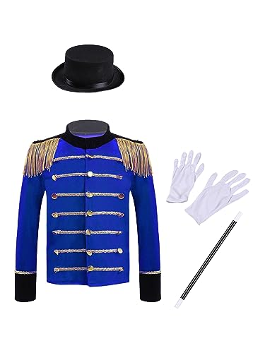 Alvivi Jungen Mädchen Zirkus Kostüm Langarm Jacke mit Hut Zubehör Set Zirkusdirektor Uniform Cosplay Halloween Karneval Fasching Verkleidung Royal Blau 122-128 von Alvivi