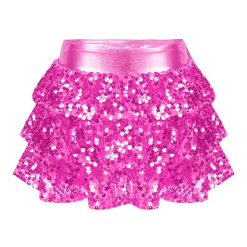 Alvivi Kinder Bauchtanz Rock Funkelnde Mini Rock Pailletten Kleider Tanzkleid, Latein Rumba Cha Cha Tango Samba Ball-Kleid Ca Dunkel Rosa 110-116 von Alvivi