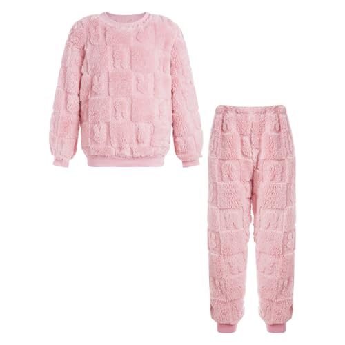 Alvivi Kinder Flanell Schlafanzug Jungen Mädchen Flauschige Pyjama Zweiteiler Kuschel Pullover Hose Winter Warme Nachtwäsche D Rosa A 134-140 von Alvivi