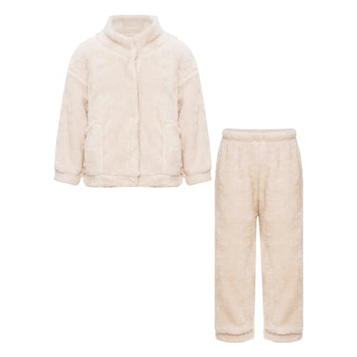 Alvivi Kinder Flanell Schlafanzug Jungen Mädchen Flauschige Pyjama Zweiteiler Kuschel Pullover Hose Winter Warme Nachtwäsche G Beige 158-164 von Alvivi