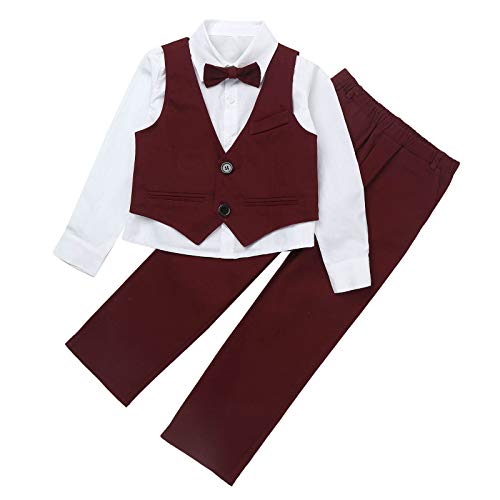 Alvivi Kinder Jungen Anzug Set Gentleman Smoking Langarmshirt Hemd mit Anzug Weste Hose Fliege Taufe Hochzeit Festliche Kleidung Aa Weinrot 86-92 von Alvivi