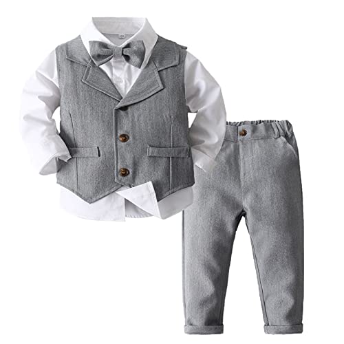 Alvivi Kinder Jungen Anzug Set Gentleman Smoking Langarmshirt Hemd mit Anzug Weste Hose Fliege Taufe Hochzeit Festliche Kleidung B Grau 92-98 von Alvivi