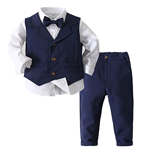 Alvivi Kinder Jungen Anzug Set Gentleman Smoking Langarmshirt Hemd mit Anzug Weste Hose Fliege Taufe Hochzeit Festliche Kleidung B Marine Blau 92-98 von Alvivi