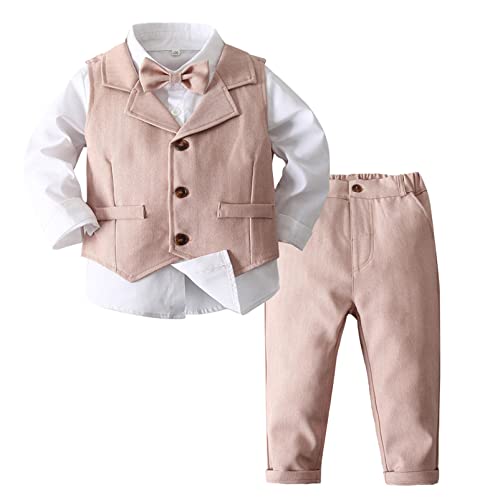 Alvivi Kinder Jungen Anzug Set Gentleman Smoking Langarmshirt Hemd mit Anzug Weste Hose Fliege Taufe Hochzeit Festliche Kleidung B Rosa 104-110 von Alvivi