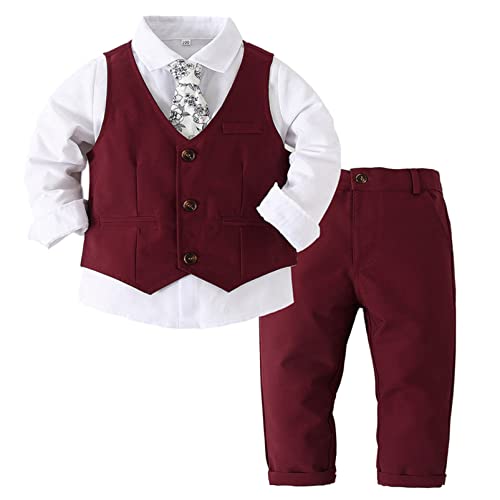 Alvivi Kinder Jungen Anzug Set Gentleman Smoking Langarmshirt Hemd mit Anzug Weste Hose Fliege Taufe Hochzeit Festliche Kleidung E Weinrot 80-86 von Alvivi