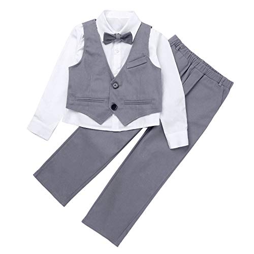 Alvivi Kinder Jungen Anzug Set Gentleman Smoking Langarmshirt Hemd mit Anzug Weste Hose Fliege Taufe Hochzeit Festliche Kleidung Aa Grau 122-128 von Alvivi