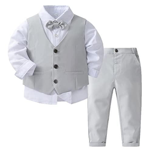 Alvivi Kinder Jungen Anzug Set Gentleman Smoking Langarmshirt Hemd mit Anzug Weste Hose Fliege Taufe Hochzeit Festliche Kleidung I Grau 86-92 von Alvivi