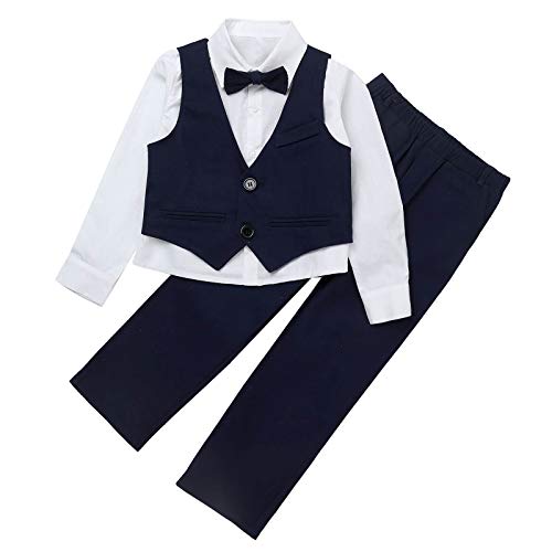 Alvivi Kinder Jungen Anzug Set Gentleman Smoking Langarmshirt Hemd mit Anzug Weste Hose Fliege Taufe Hochzeit Festliche Kleidung Aa Marine Blau 122-128 von Alvivi