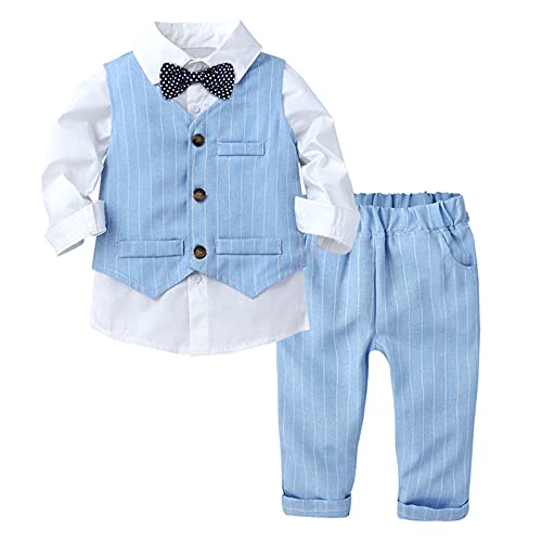 Alvivi Kinder Jungen Anzug Set Gentleman Smoking Langarmshirt Hemd mit Anzug Weste Hose Fliege Taufe Hochzeit Festliche Kleidung Y Blau Y 92-98 von Alvivi